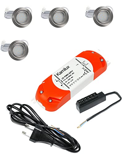Kamilux 4er Set LED Möbeleinbauleuchte Luisa 12Volt 2,4Watt inkl. Anschlusskabel mit Stecker Farbe: Edelstahl geb. Lichtfarbe: Warmweiss inkl. Trafo und 230V Zuleitung von Kamilux