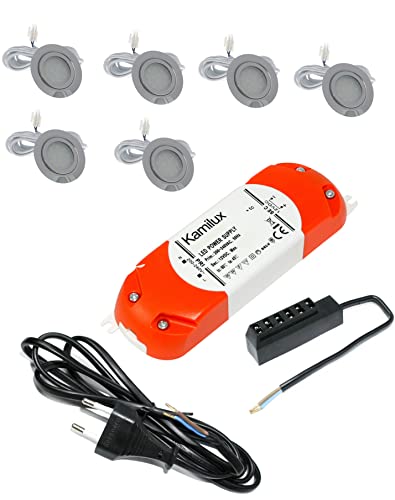 Kamilux 6er Set LED Möbeleinbauleuchte Luisa 12Volt 2,4Watt inkl. Anschlusskabel mit Stecker Farbe: Chrom Lichtfarbe: Warmweiss inkl. Trafo und 230V Zuleitung von Kamilux