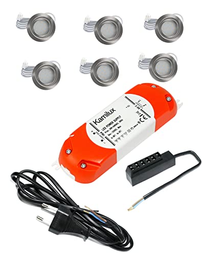 Kamilux 6er Set LED Möbeleinbauleuchte Luisa 12Volt 2,4Watt inkl. Anschlusskabel mit Stecker Farbe: Edelstahl geb. Lichtfarbe: Warmweiss inkl. Trafo und 230V Zuleitung von Kamilux