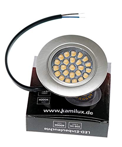 Kamilux LED IP44 flache LED Möbeleinbauleuchte, kein Trafo erforderlich, 4Watt, 230V Hochvolt,Lichtfarbe kaltweiß, 4000 Kelvin, Farbe in edelstahl-gebürstet Optik kein Trafo nötig von Kamilux
