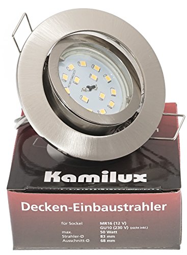 Set Einbauleuchte Bajo 230V GU10 in Edelstahl-gebürstet Optik, sehr flaches (23mm) Hochvolt SMD-LED Modul 5 Watt GU10 230V in warmweiß, Dimmbar mit einem herkömmlichen Lichtschalter, 3-Stufen Dimmung von Kamilux