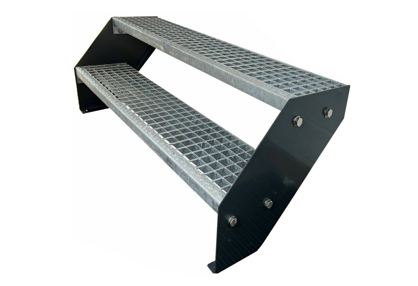 Kaminbau Mierzwa Außentreppe Premium Treppe Anthrazit Höhe Verstellbar, für Geschosshöhen bis 38 cm, Stufen Gitterroststufen nach DIN 24531, (Höhe 38 cm, Breite wählbar aus 60, 80, 100, 120, 140 cm), Gartentreppe Stahltreppe Wetterfest Rostfrei Feuer-Verzinkt Rutschfest von Kaminbau Mierzwa