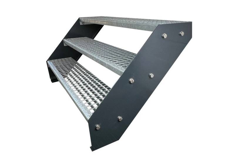 Kaminbau Mierzwa Außentreppe Premium Treppe Anthrazit Höhe Verstellbar, für Geschosshöhen bis 57 cm, Stufen Gitterroststufen nach DIN 24531, (Höhe 57 cm, Breite wählbar aus 60, 80, 100, 120, 140 cm), Gartentreppe Stahltreppe Wetterfest Rostfrei Feuer-Verzinkt Rutschfest von Kaminbau Mierzwa