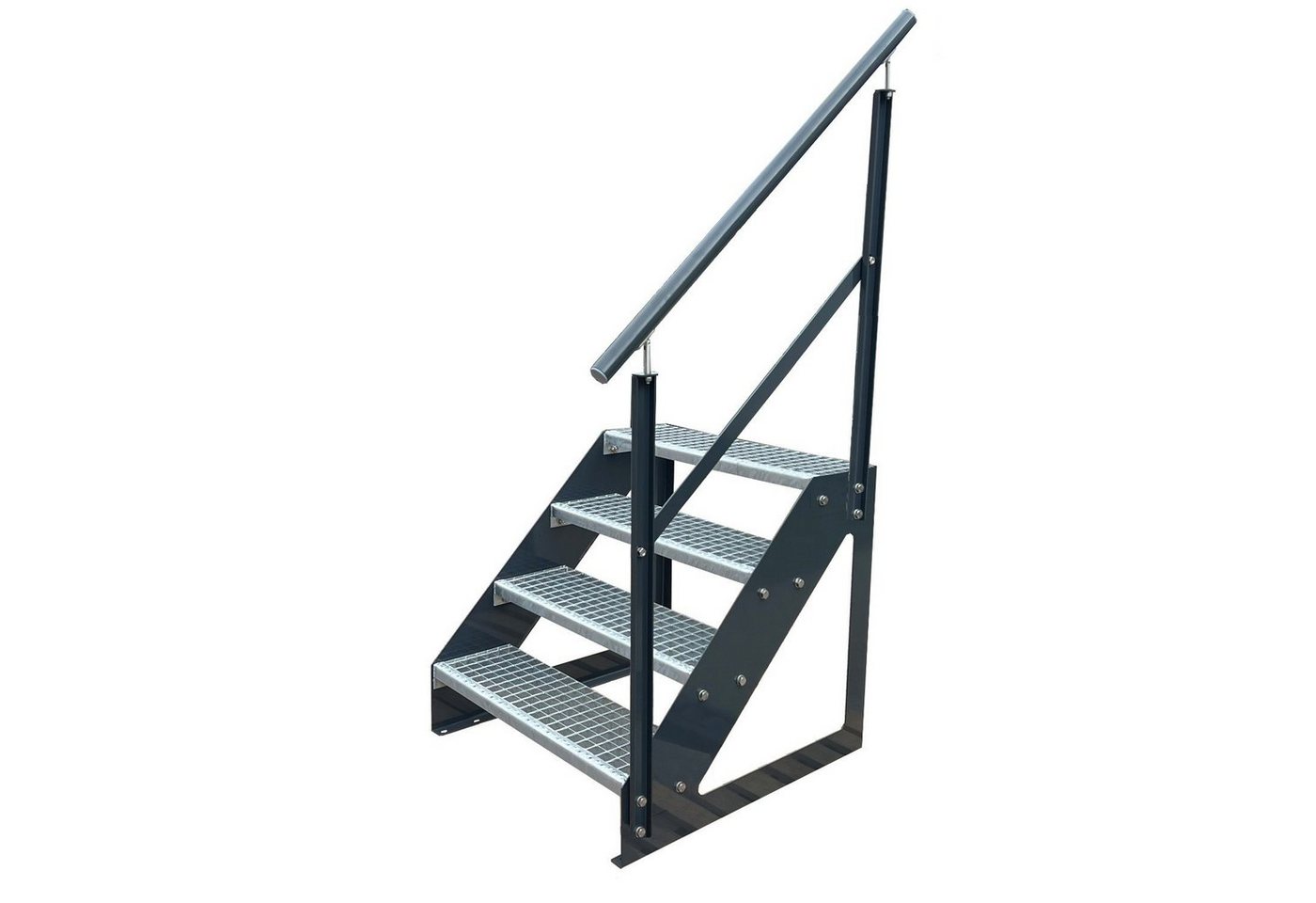 Kaminbau Mierzwa Außentreppe Premium Treppe Anthrazit mit oder ohne Geländer, für Geschosshöhen bis 76.00 cm, Stufen Gitterroststufen nach DIN 24531, (Höhe 76 cm, Stufenbreite und Geländerart wählbar), Gartentreppe Stahltreppe Wetterfest Rostfrei Feuer-Verzinkt Rutschfest von Kaminbau Mierzwa