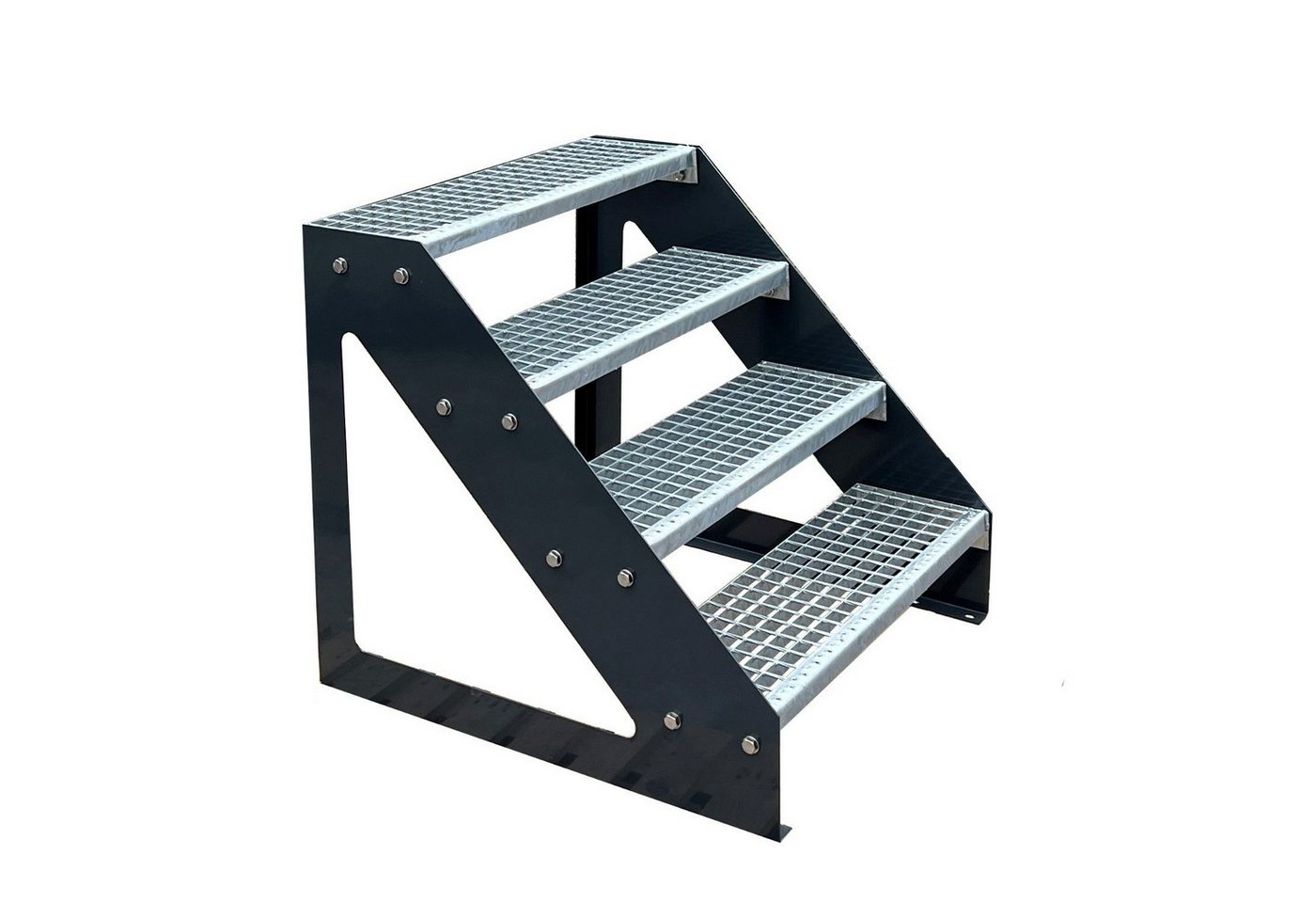 Kaminbau Mierzwa Außentreppe Premium Treppe Anthrazit mit oder ohne Geländer, für Geschosshöhen bis 76.00 cm, Stufen Gitterroststufen nach DIN 24531, (Höhe 76 cm, Stufenbreite und Geländerart wählbar), Gartentreppe Stahltreppe Wetterfest Rostfrei Feuer-Verzinkt Rutschfest von Kaminbau Mierzwa