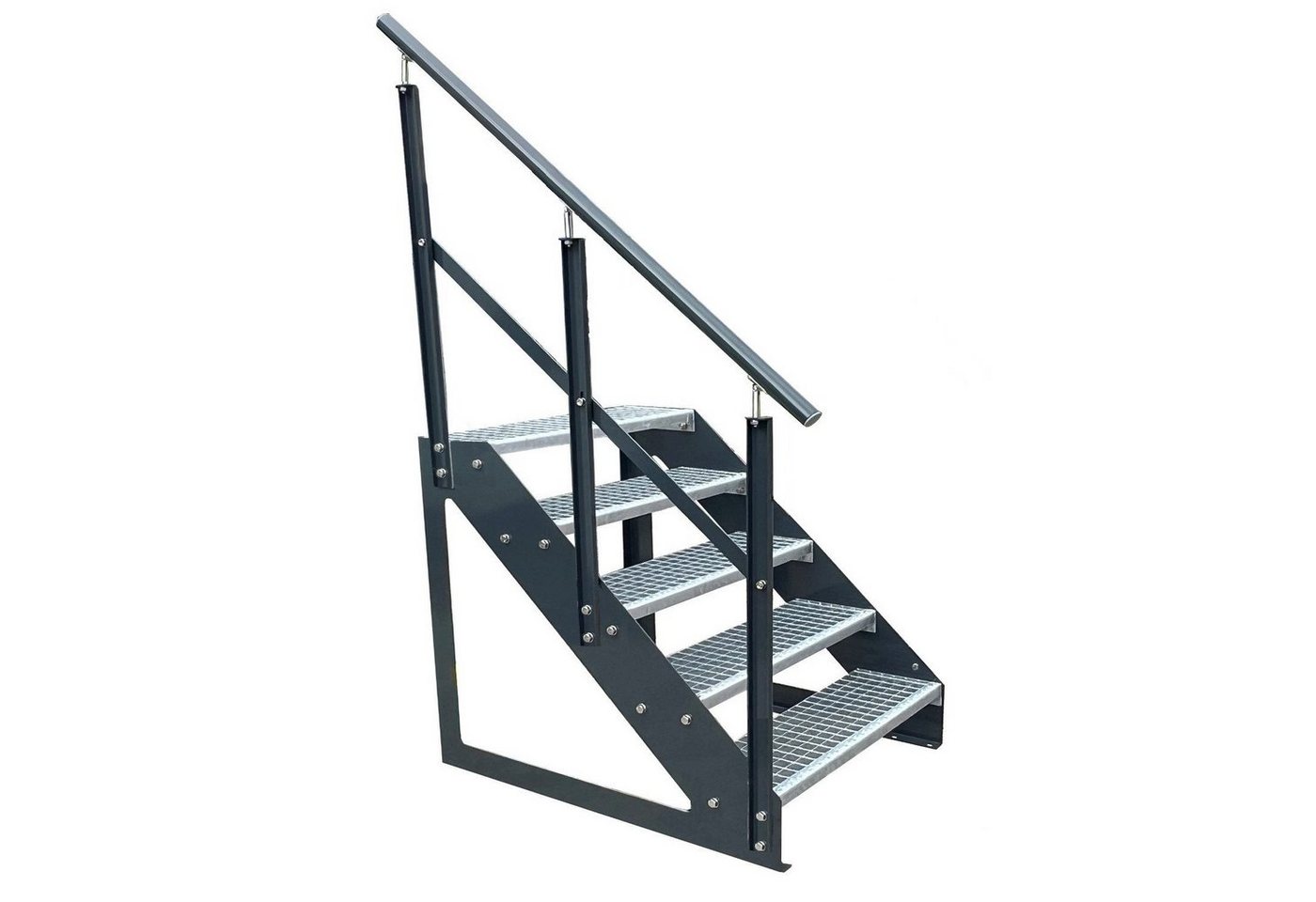 Kaminbau Mierzwa Außentreppe Premium Treppe Anthrazit mit oder ohne Geländer, für Geschosshöhen bis 95.00 cm, Stufen Gitterroststufen nach DIN 24531, (Höhe 95 cm, Stufenbreite und Geländerart wählbar), Gartentreppe Stahltreppe Wetterfest Rostfrei Feuer-Verzinkt Rutschfest von Kaminbau Mierzwa