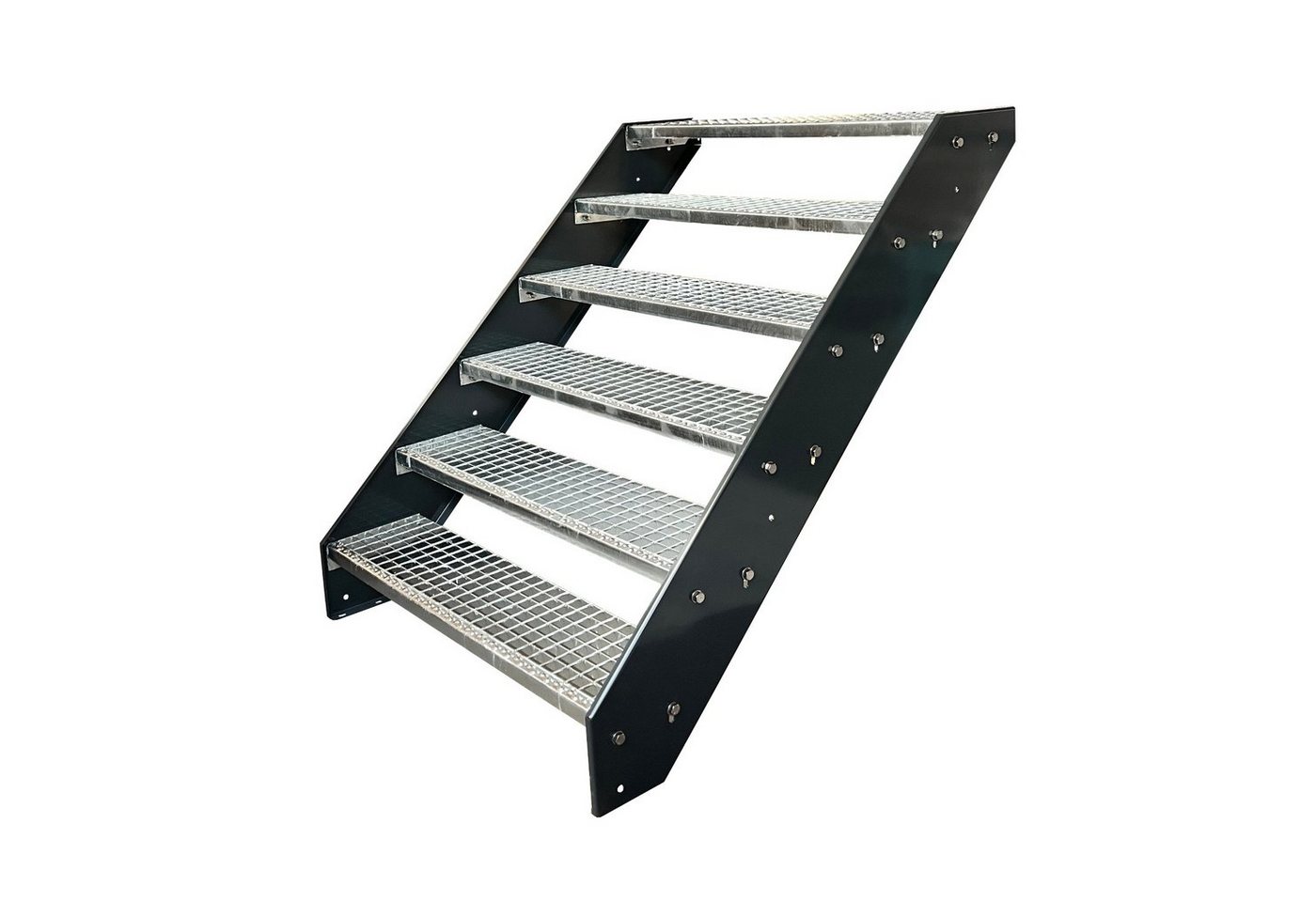 Kaminbau Mierzwa Außentreppe Premium Treppe Anthrazit mit und ohne Geländer, für Geschosshöhen bis 114.00 cm, Stufen Gitterroststufen nach DIN 24531, (Höhe 114 cm, Stufenbreite und Geländerart wählbar), Gartentreppe Stahltreppe Wetterfest Rostfrei Feuer-Verzinkt Rutschfest von Kaminbau Mierzwa