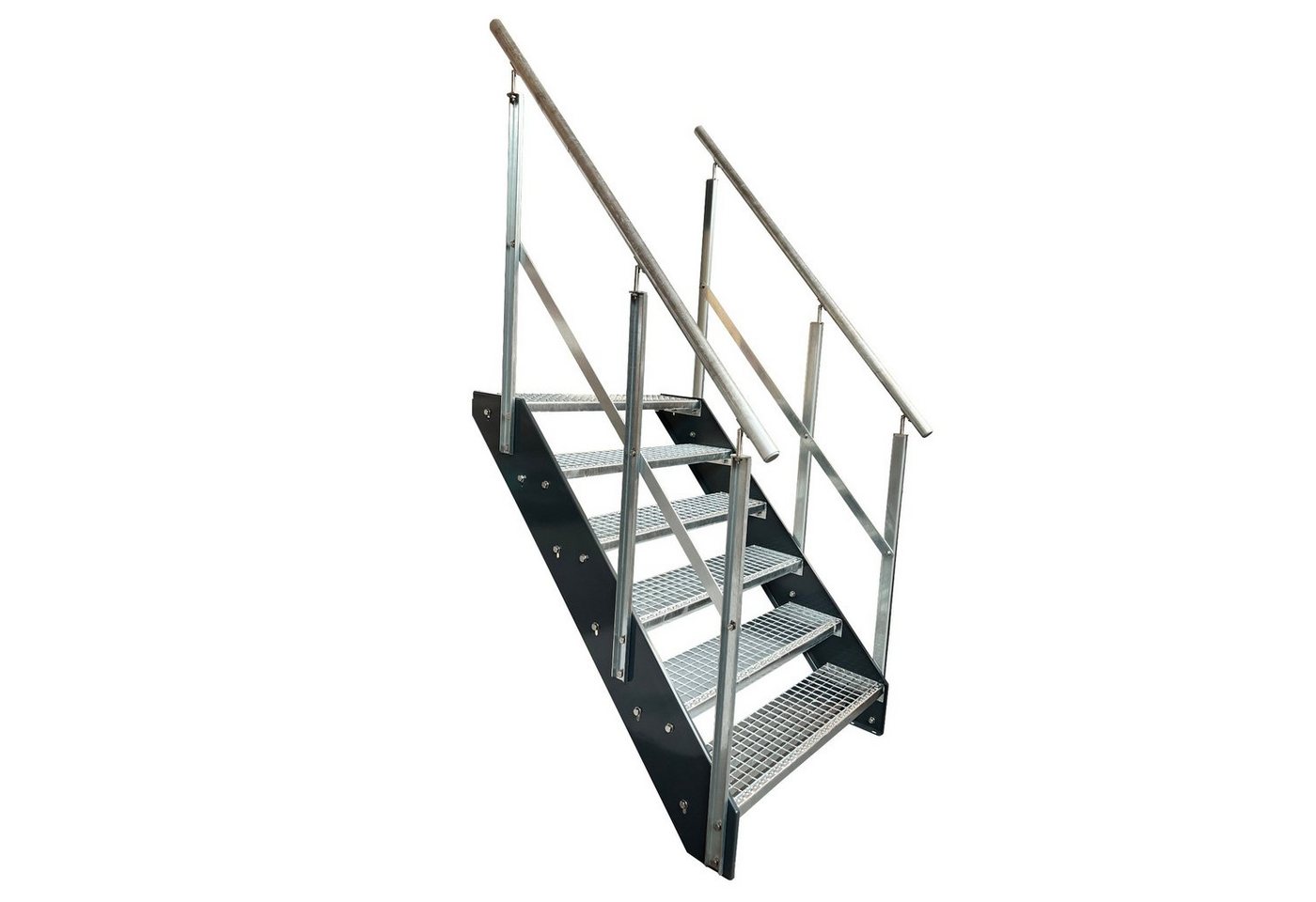 Kaminbau Mierzwa Außentreppe Premium Treppe Anthrazit mit und ohne Geländer, für Geschosshöhen bis 114.00 cm, Stufen Gitterroststufen nach DIN 24531, (Höhe 114 cm, Stufenbreite und Geländerart wählbar), Gartentreppe Stahltreppe Wetterfest Rostfrei Feuer-Verzinkt Rutschfest von Kaminbau Mierzwa