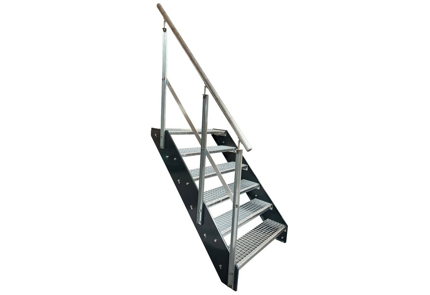 Kaminbau Mierzwa Außentreppe Premium Treppe Anthrazit mit und ohne Geländer, für Geschosshöhen bis 114.00 cm, Stufen Gitterroststufen nach DIN 24531, (Höhe 114 cm, Stufenbreite und Geländerart wählbar), Gartentreppe Stahltreppe Wetterfest Rostfrei Feuer-Verzinkt Rutschfest von Kaminbau Mierzwa