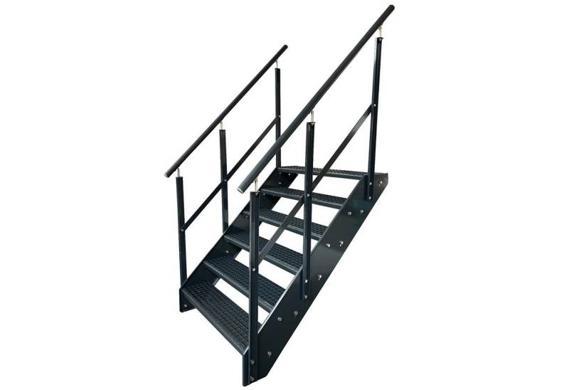 Kaminbau Mierzwa Außentreppe Premium Treppe Anthrazit mit und ohne Geländer, für Geschosshöhen bis 114.00 cm, Stufen Gitterroststufen nach DIN 24531, (Höhe 114 cm, Stufenbreite und Geländerart wählbar), Gartentreppe Stahltreppe Wetterfest Rostfrei Feuer-Verzinkt Rutschfest von Kaminbau Mierzwa