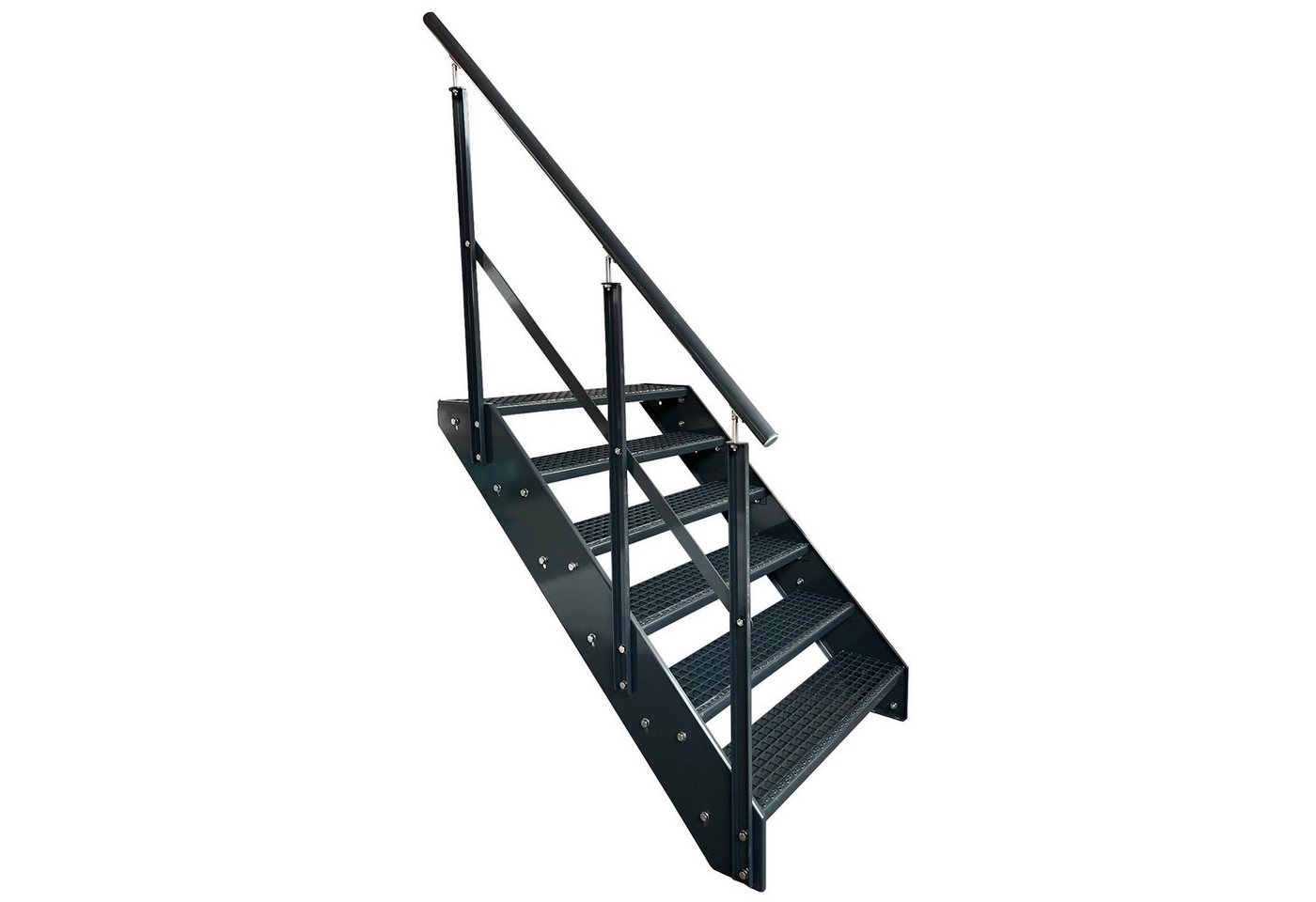 Kaminbau Mierzwa Außentreppe Premium Treppe Anthrazit mit und ohne Geländer, für Geschosshöhen bis 114.00 cm, Stufen Gitterroststufen nach DIN 24531, (Höhe 114 cm, Stufenbreite und Geländerart wählbar), Gartentreppe Stahltreppe Wetterfest Rostfrei Feuer-Verzinkt Rutschfest von Kaminbau Mierzwa