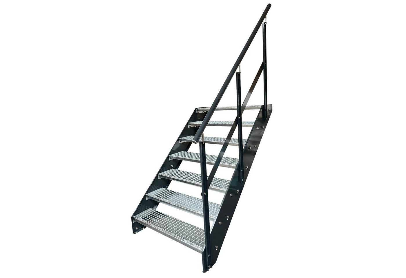 Kaminbau Mierzwa Außentreppe Premium Treppe Anthrazit mit und ohne Geländer, für Geschosshöhen bis 133.00 cm, Stufen Gitterroststufen nach DIN 24531, (Höhe 133 cm, Stufenbreite und Geländerart wählbar), Gartentreppe Stahltreppe Wetterfest Rostfrei Feuer-Verzinkt Rutschfest von Kaminbau Mierzwa