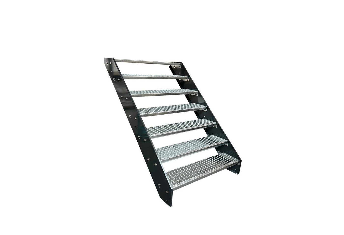 Kaminbau Mierzwa Außentreppe Premium Treppe Anthrazit mit und ohne Geländer, für Geschosshöhen bis 133.00 cm, Stufen Gitterroststufen nach DIN 24531, (Höhe 133 cm, Stufenbreite und Geländerart wählbar), Gartentreppe Stahltreppe Wetterfest Rostfrei Feuer-Verzinkt Rutschfest von Kaminbau Mierzwa