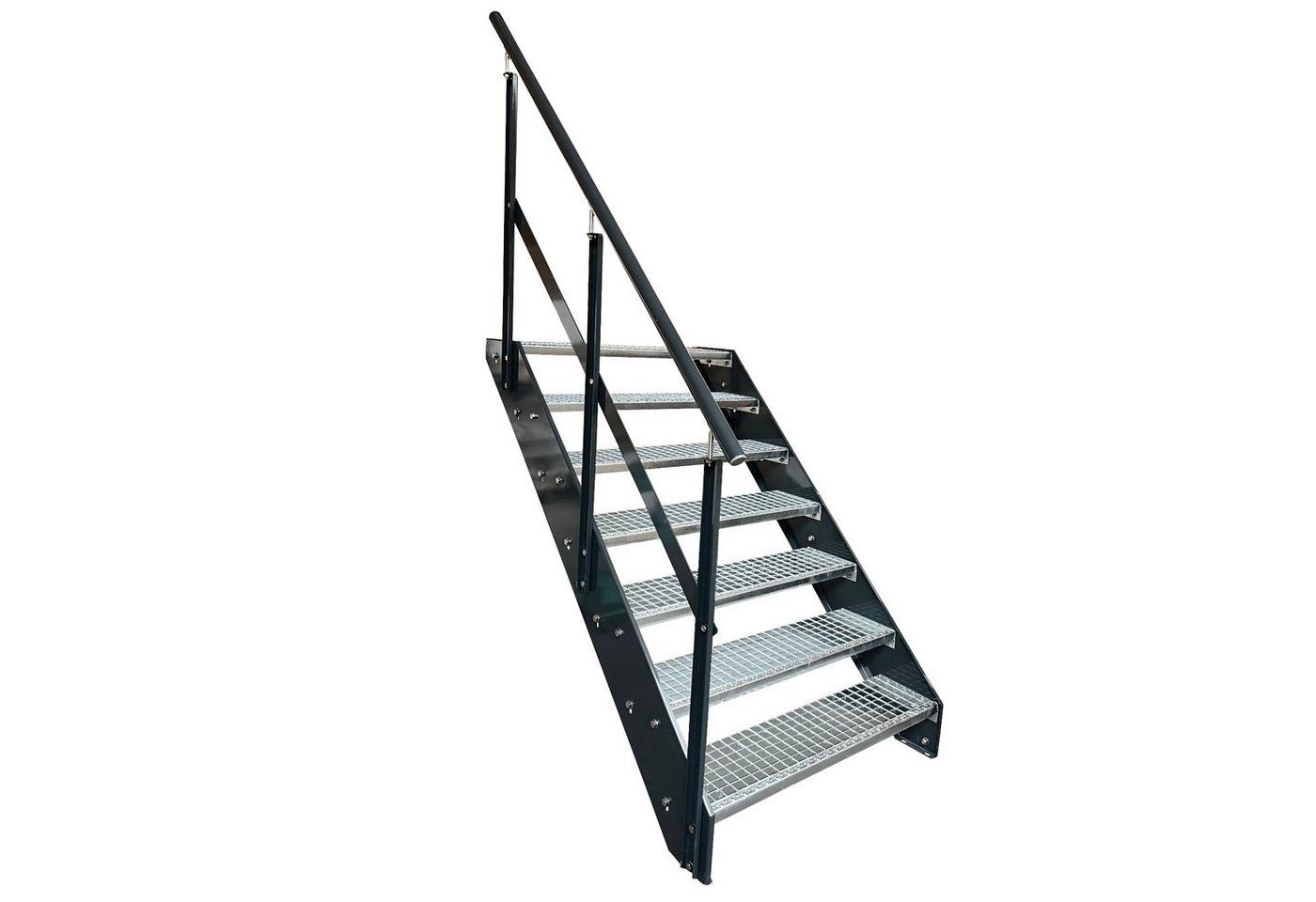 Kaminbau Mierzwa Außentreppe Premium Treppe Anthrazit mit und ohne Geländer, für Geschosshöhen bis 133.00 cm, Stufen Gitterroststufen nach DIN 24531, (Höhe 133 cm, Stufenbreite und Geländerart wählbar), Gartentreppe Stahltreppe Wetterfest Rostfrei Feuer-Verzinkt Rutschfest von Kaminbau Mierzwa