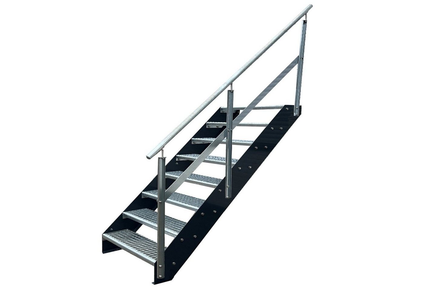 Kaminbau Mierzwa Außentreppe Premium Treppe Anthrazit mit und ohne Geländer, für Geschosshöhen bis 152.00 cm, Stufen Gitterroststufen nach DIN 24531, (Höhe 152 cm, Stufenbreite und Geländerart wählbar), Gartentreppe Stahltreppe Wetterfest Rostfrei Feuer-Verzinkt Rutschfest von Kaminbau Mierzwa