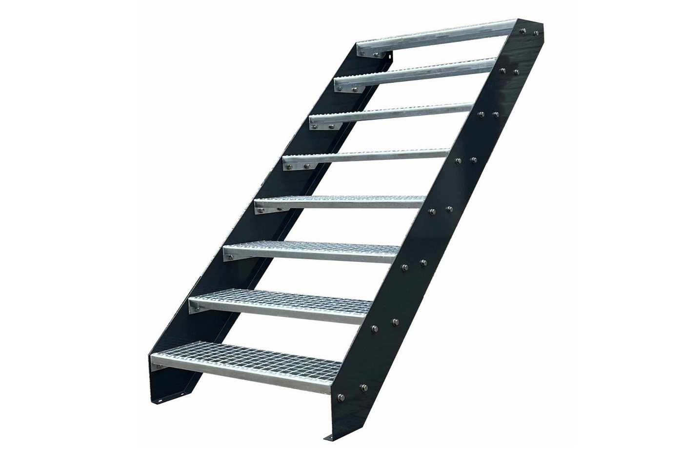 Kaminbau Mierzwa Außentreppe Premium Treppe Anthrazit mit und ohne Geländer, für Geschosshöhen bis 152.00 cm, Stufen Gitterroststufen nach DIN 24531, (Höhe 152 cm, Stufenbreite und Geländerart wählbar), Gartentreppe Stahltreppe Wetterfest Rostfrei Feuer-Verzinkt Rutschfest von Kaminbau Mierzwa