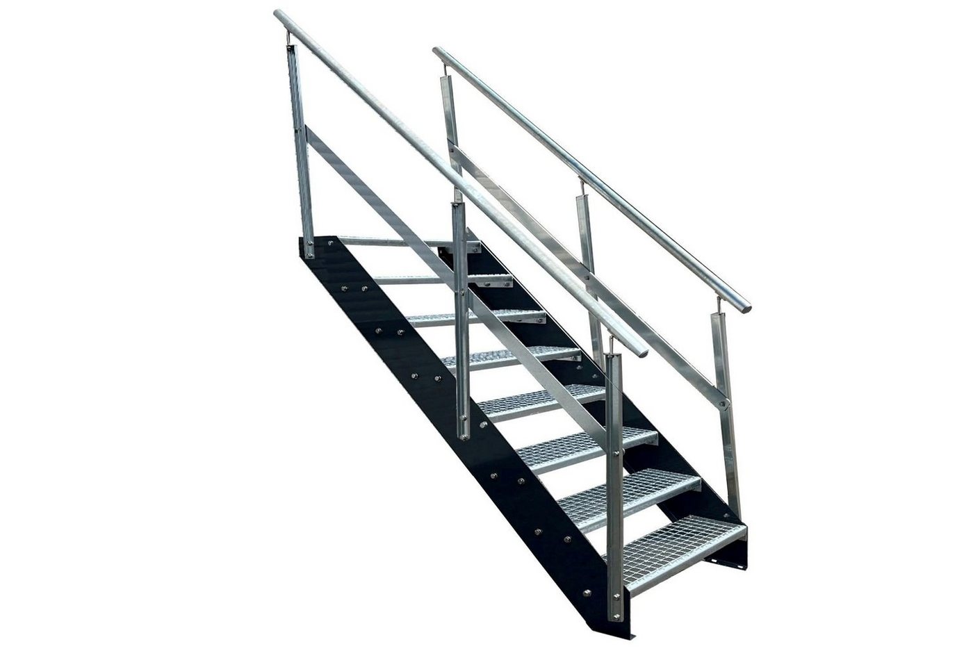 Kaminbau Mierzwa Außentreppe Premium Treppe Anthrazit mit und ohne Geländer, für Geschosshöhen bis 152.00 cm, Stufen Gitterroststufen nach DIN 24531, (Höhe 152 cm, Stufenbreite und Geländerart wählbar), Gartentreppe Stahltreppe Wetterfest Rostfrei Feuer-Verzinkt Rutschfest von Kaminbau Mierzwa