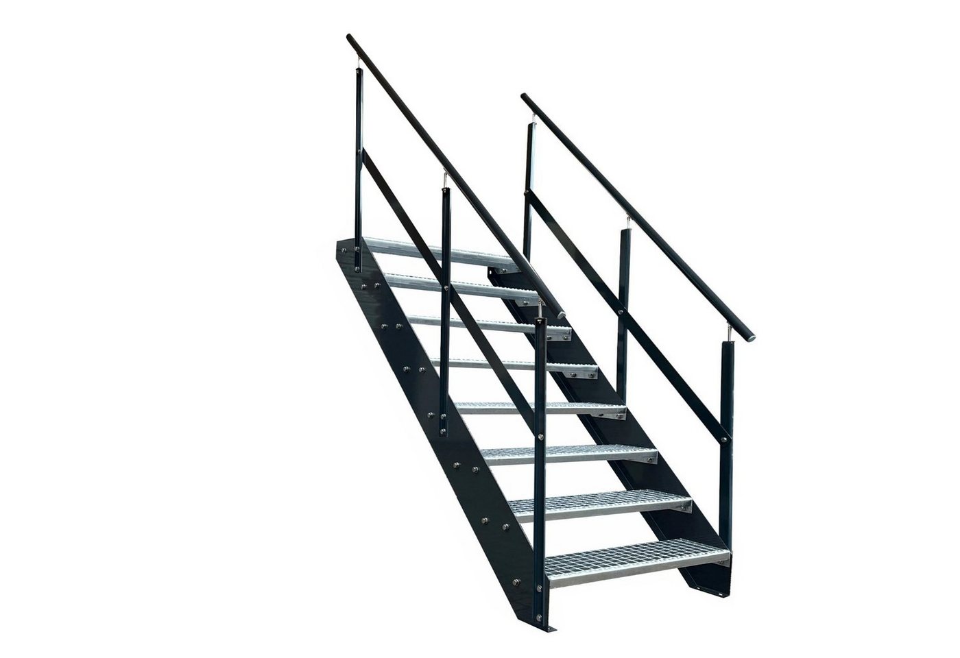 Kaminbau Mierzwa Außentreppe Premium Treppe Anthrazit mit und ohne Geländer, für Geschosshöhen bis 152.00 cm, Stufen Gitterroststufen nach DIN 24531, (Höhe 152 cm, Stufenbreite und Geländerart wählbar), Gartentreppe Stahltreppe Wetterfest Rostfrei Feuer-Verzinkt Rutschfest von Kaminbau Mierzwa