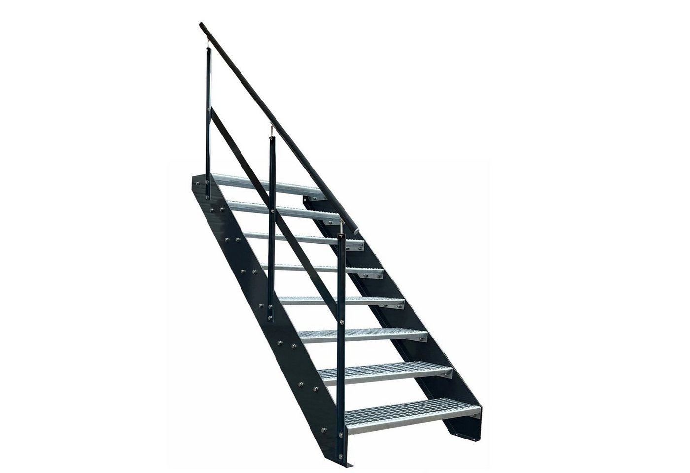 Kaminbau Mierzwa Außentreppe Premium Treppe Anthrazit mit und ohne Geländer, für Geschosshöhen bis 152.00 cm, Stufen Gitterroststufen nach DIN 24531, (Höhe 152 cm, Stufenbreite und Geländerart wählbar), Gartentreppe Stahltreppe Wetterfest Rostfrei Feuer-Verzinkt Rutschfest von Kaminbau Mierzwa