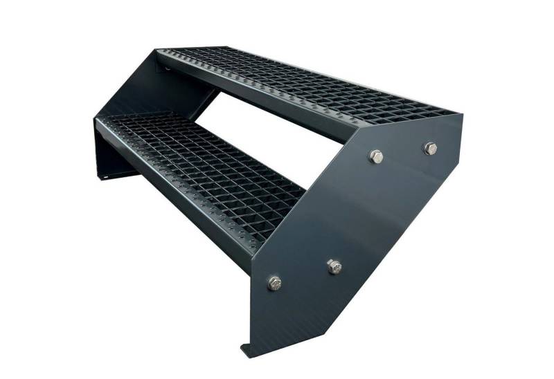 Kaminbau Mierzwa Außentreppe Premium Treppe Anthrazit mit und ohne Geländer, für Geschosshöhen bis 38.00 cm, Stufen Gitterroststufen nach DIN 24531, (Höhe 38 cm, Stufenbreite und Geländerart wählbar), Gartentreppe Stahltreppe Wetterfest Rostfrei Feuer-Verzinkt Rutschfest von Kaminbau Mierzwa