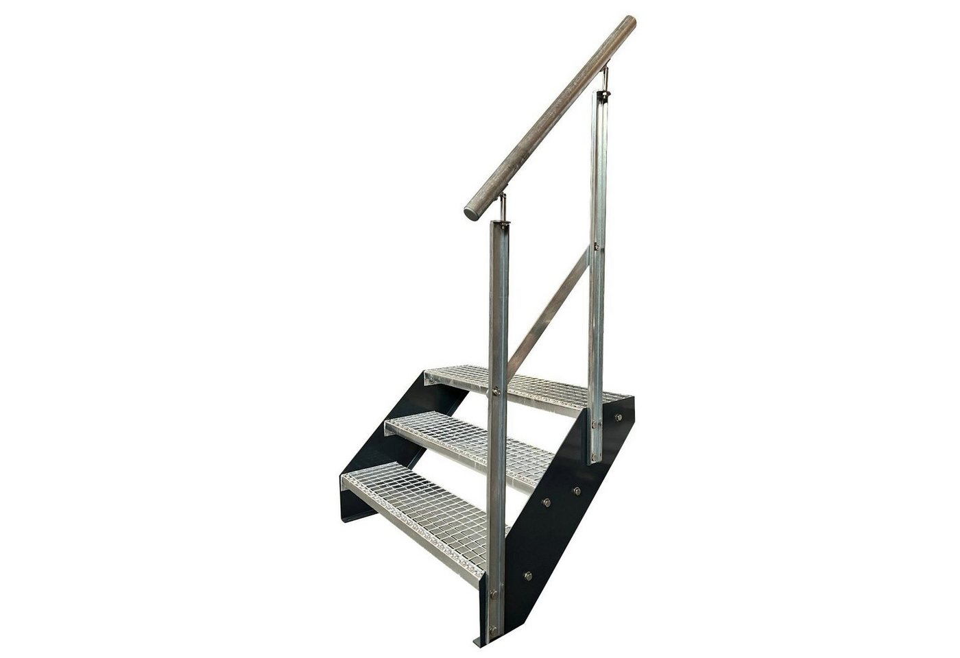 Kaminbau Mierzwa Außentreppe Premium Treppe Anthrazit mit und ohne Geländer, für Geschosshöhen bis 57.00 cm, Stufen Gitterroststufen nach DIN 24531, (Höhe 57 cm, Stufenbreite und Geländerart wählbar), Gartentreppe Stahltreppe Wetterfest Rostfrei Feuer-Verzinkt Rutschfest von Kaminbau Mierzwa