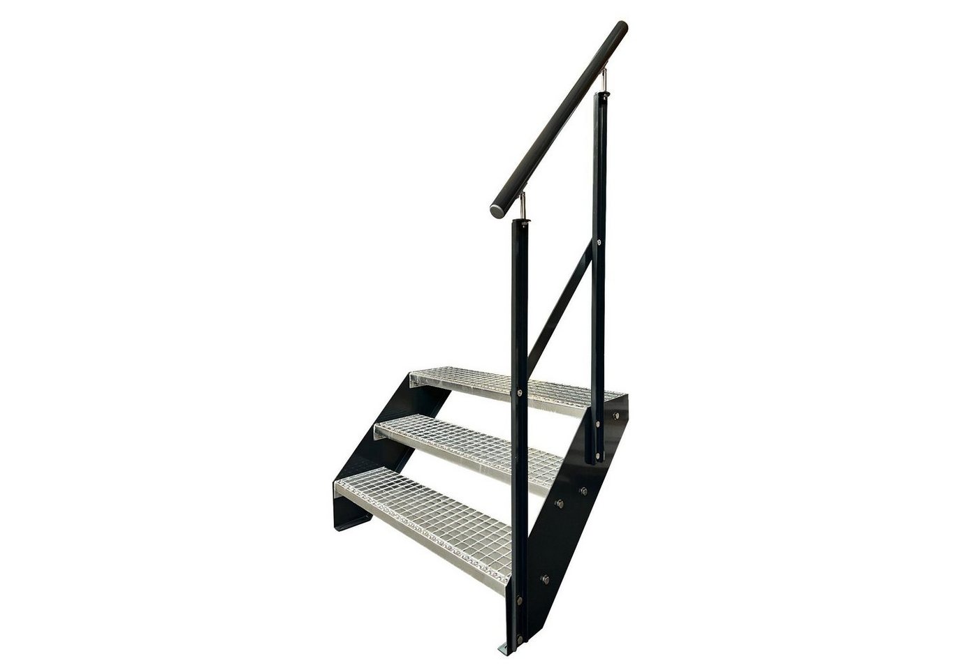 Kaminbau Mierzwa Außentreppe Premium Treppe Anthrazit mit und ohne Geländer, für Geschosshöhen bis 57.00 cm, Stufen Gitterroststufen nach DIN 24531, (Höhe 57 cm, Stufenbreite und Geländerart wählbar), Gartentreppe Stahltreppe Wetterfest Rostfrei Feuer-Verzinkt Rutschfest von Kaminbau Mierzwa