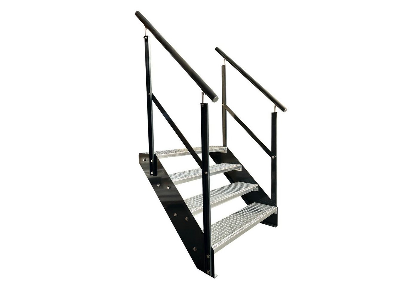 Kaminbau Mierzwa Außentreppe Premium Treppe Anthrazit mit und ohne Geländer, für Geschosshöhen bis 76.00 cm, Stufen Gitterroststufen nach DIN 24531, (Höhe 76 cm, Stufenbreite und Geländerart wählbar), Gartentreppe Stahltreppe Wetterfest Rostfrei Feuer-Verzinkt Rutschfest von Kaminbau Mierzwa