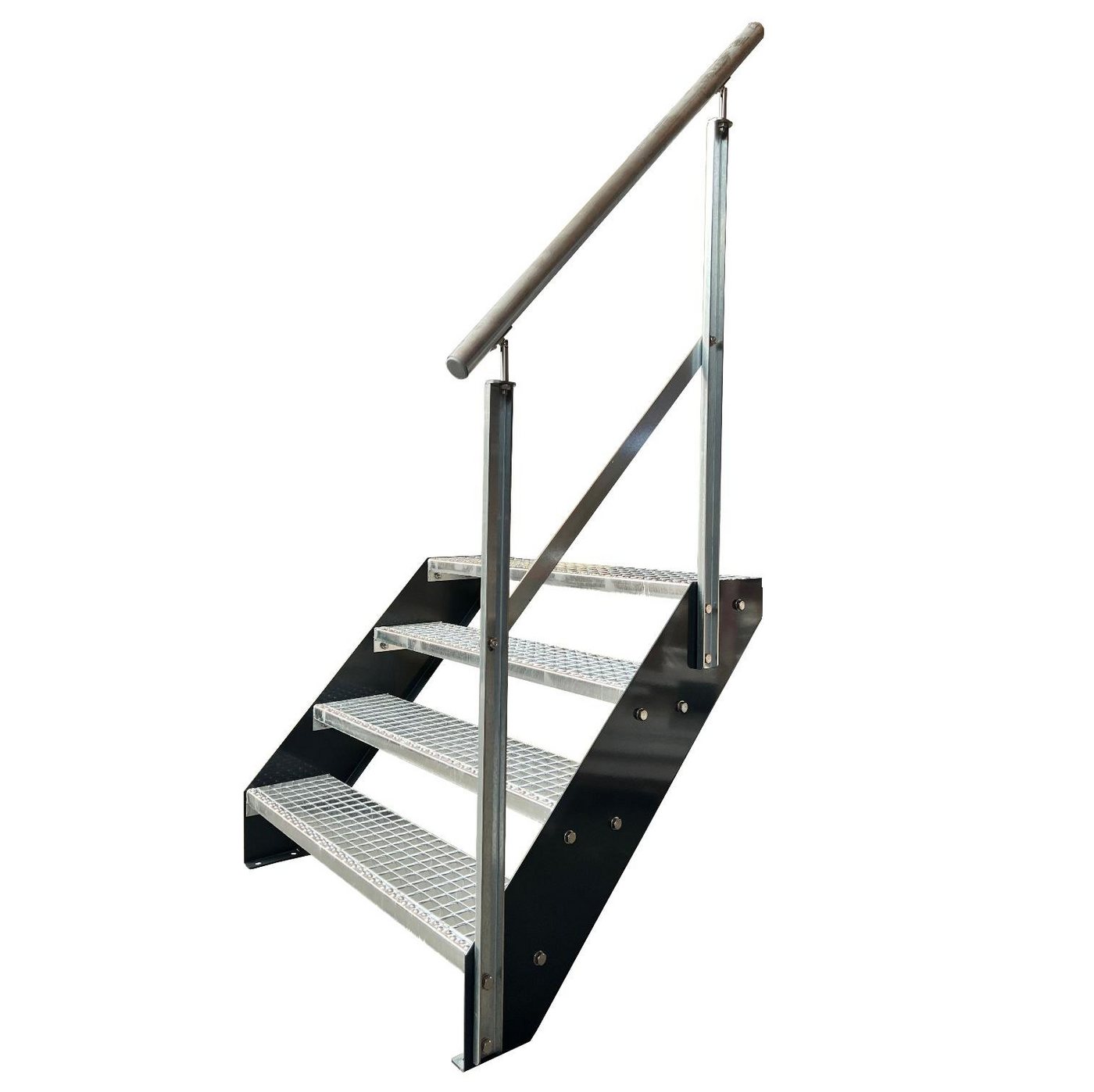 Kaminbau Mierzwa Außentreppe Premium Treppe Anthrazit mit und ohne Geländer, für Geschosshöhen bis 76.00 cm, Stufen Gitterroststufen nach DIN 24531, (Höhe 76 cm, Stufenbreite und Geländerart wählbar), Gartentreppe Stahltreppe Wetterfest Rostfrei Feuer-Verzinkt Rutschfest von Kaminbau Mierzwa