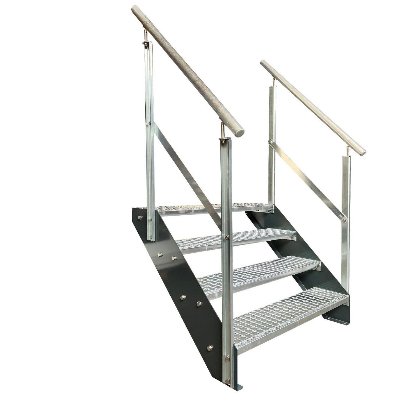 Kaminbau Mierzwa Außentreppe Premium Treppe Anthrazit mit und ohne Geländer, für Geschosshöhen bis 76.00 cm, Stufen Gitterroststufen nach DIN 24531, (Höhe 76 cm, Stufenbreite und Geländerart wählbar), Gartentreppe Stahltreppe Wetterfest Rostfrei Feuer-Verzinkt Rutschfest von Kaminbau Mierzwa