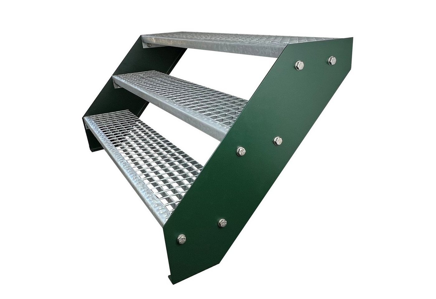 Kaminbau Mierzwa Außentreppe Premium Treppe Grün Höhe Verstellbar, für Geschosshöhen bis 57 cm, Stufen Gitterroststufen nach DIN 24531, (Höhe 57 cm, Breite wählbar aus 60, 80, 100, 120, 140 cm), Gartentreppe Stahltreppe Wetterfest Rostfrei Feuer-Verzinkt Rutschfest von Kaminbau Mierzwa