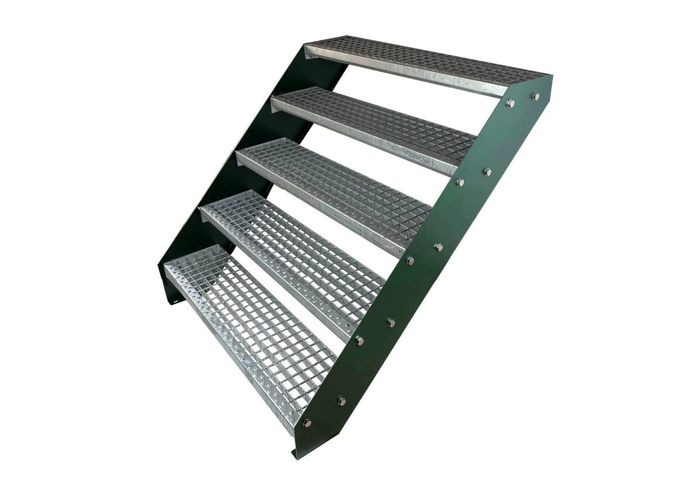 Kaminbau Mierzwa Außentreppe Premium Treppe Grün Höhe Verstellbar, für Geschosshöhen bis 95 cm, Stufen Gitterroststufen nach DIN 24531, (Höhe 95 cm, Breite wählbar aus 60, 80, 100, 120, 140 cm), Gartentreppe Stahltreppe Wetterfest Rostfrei Feuer-Verzinkt Rutschfest von Kaminbau Mierzwa