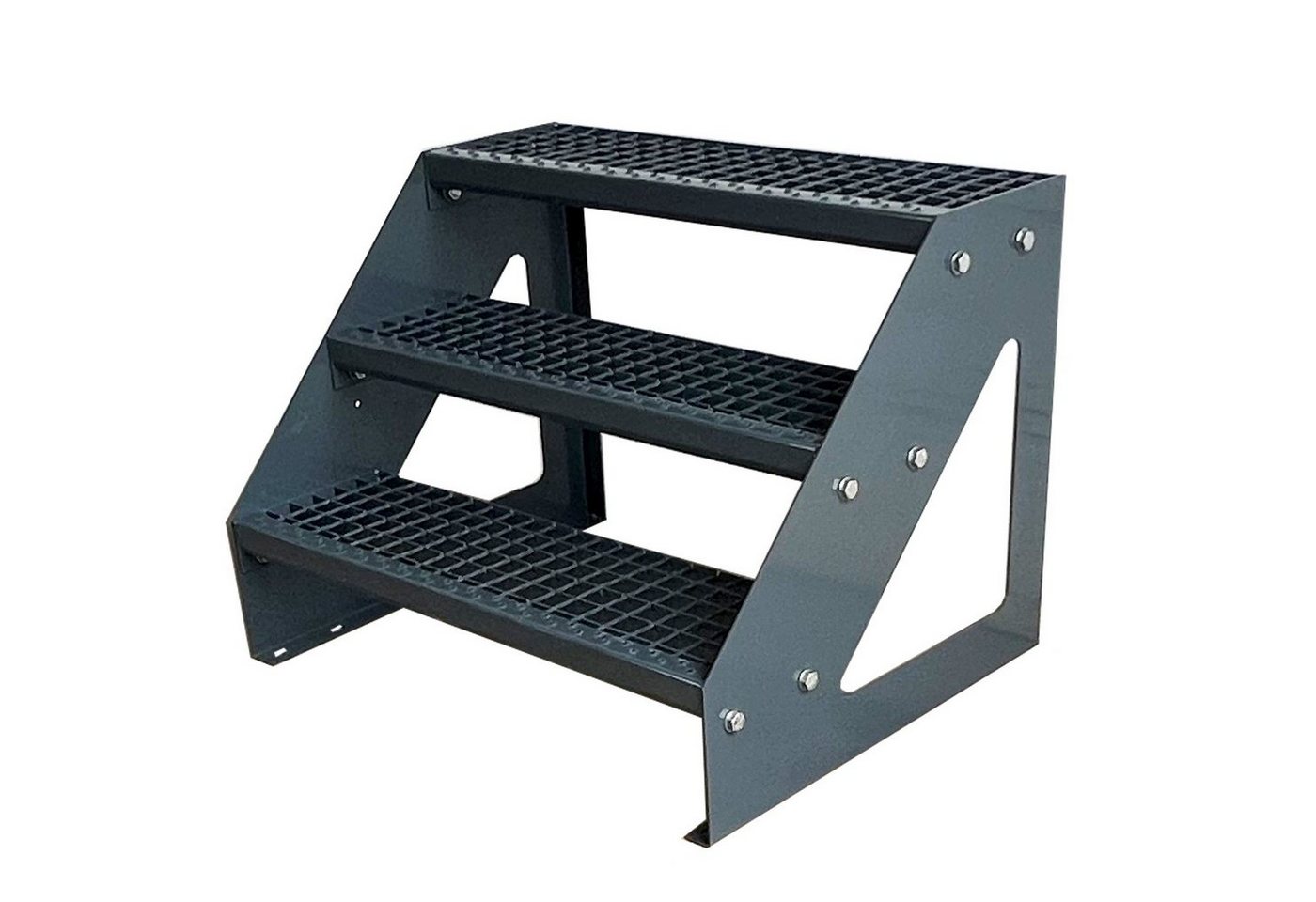 Kaminbau Mierzwa Außentreppe Premium Treppe Komplett Anthrazit Freistehend, für Geschosshöhen bis 57.00 cm, Stufen Gitterroststufen nach DIN 24531, (Höhe 57 cm, Breite wählbar aus 60, 80, 100, 120, 140 cm), Gartentreppe Stahltreppe Wetterfest Rostfrei Feuer-Verzinkt Rutschfest von Kaminbau Mierzwa