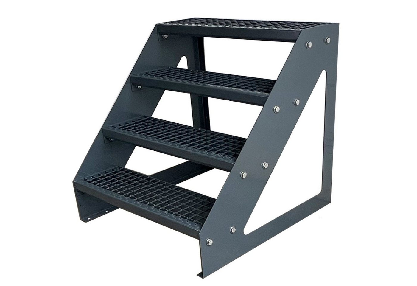 Kaminbau Mierzwa Außentreppe Premium Treppe Komplett Anthrazit Freistehend, für Geschosshöhen bis 76.00 cm, Stufen Gitterroststufen nach DIN 24531, (Höhe 76 cm, Breite wählbar aus 60, 80, 100, 120, 140 cm), Gartentreppe Stahltreppe Wetterfest Rostfrei Feuer-Verzinkt Rutschfest von Kaminbau Mierzwa