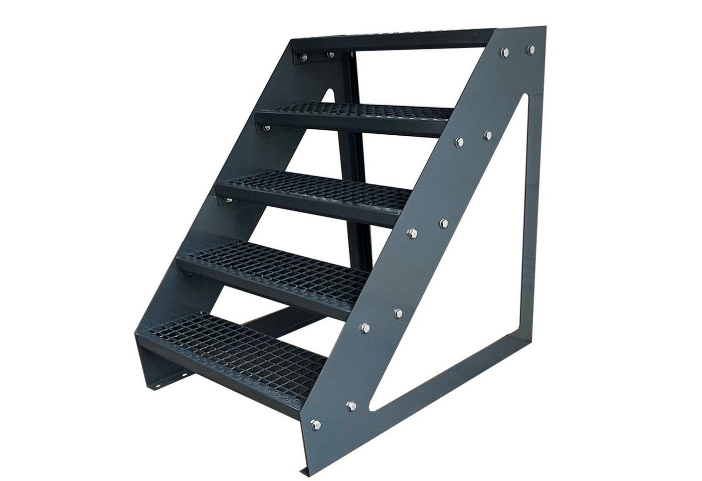 Kaminbau Mierzwa Außentreppe Premium Treppe Komplett Anthrazit Freistehend, für Geschosshöhen bis 95.00 cm, Stufen Gitterroststufen nach DIN 24531, (Höhe 38 cm, Breite wählbar aus 60, 80, 100, 120, 140 cm), Gartentreppe Stahltreppe Wetterfest Rostfrei Feuer-Verzinkt Rutschfest von Kaminbau Mierzwa