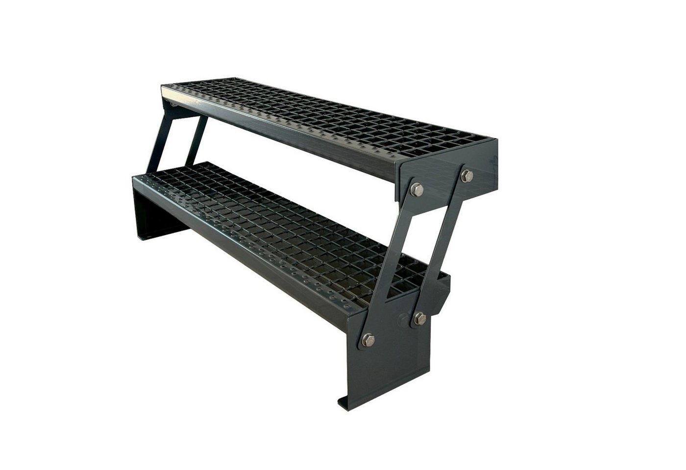 Kaminbau Mierzwa Außentreppe Premium Treppe Komplett Anthrazit Höhe Verstellbar, für Geschosshöhen bis 43.00 cm, Stufen Gitterroststufen nach DIN 24531, (Höhe Verstellbar 30-43 cm, Breite wählbar aus 60, 80, 100, 120, 140 cm), Gartentreppe Stahltreppe Wetterfest Rostfrei Feuer-Verzinkt Rutschfest von Kaminbau Mierzwa