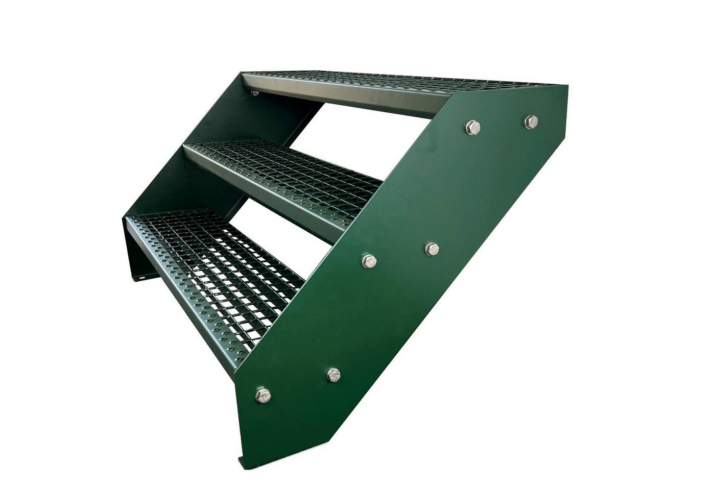 Kaminbau Mierzwa Außentreppe Premium Treppe Komplett Grün Höhe Verstellbar, für Geschosshöhen bis 57 cm, Stufen Gitterroststufen nach DIN 24531, (Höhe 57 cm, Breite wählbar aus 60, 80, 100, 120, 140 cm), Gartentreppe Stahltreppe Wetterfest Rostfrei Feuer-Verzinkt Rutschfest von Kaminbau Mierzwa