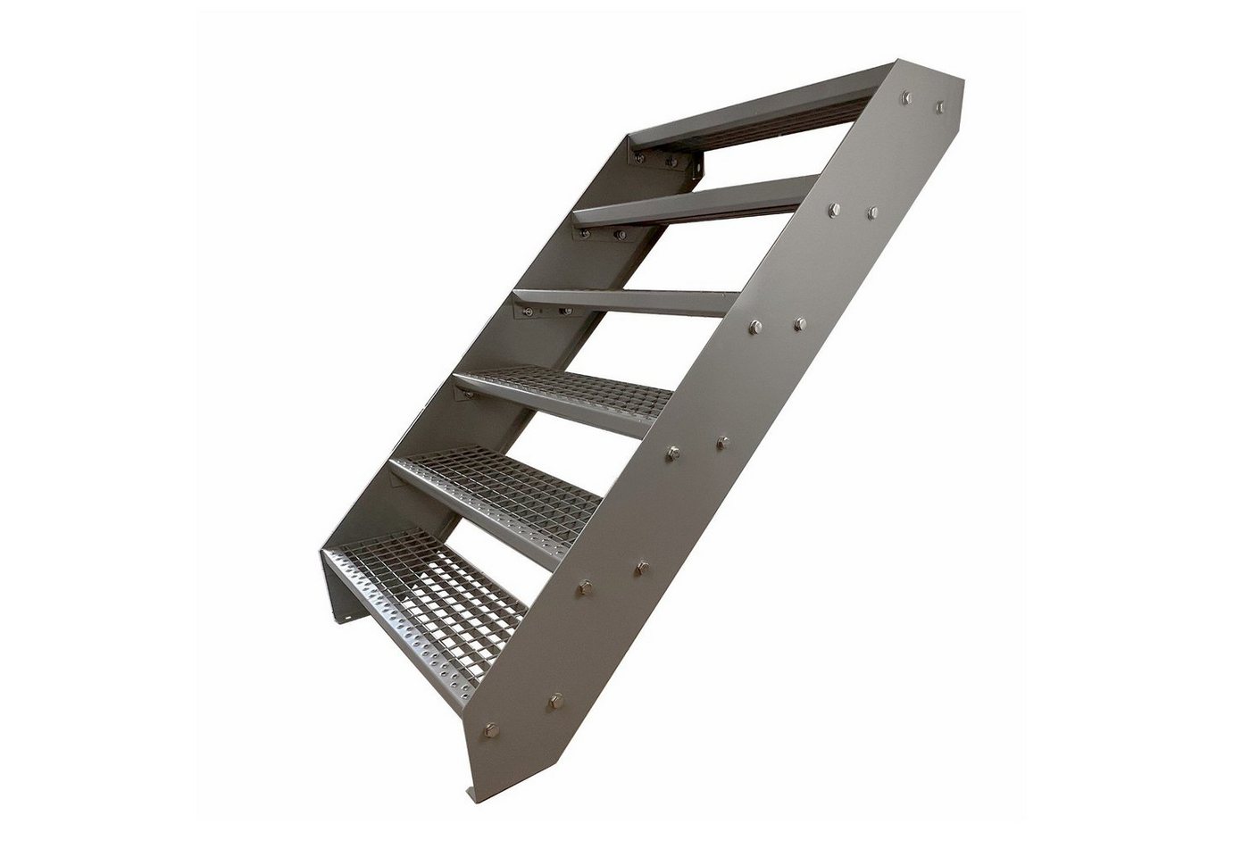 Kaminbau Mierzwa Außentreppe Premium Treppe Komplett Silber Höhe Verstellbar, für Geschosshöhen bis 114 cm, Stufen Gitterroststufen nach DIN 24531, (Höhe 114 cm, Breite wählbar aus 60, 80, 100, 120, 140 cm), Gartentreppe Stahltreppe Wetterfest Rostfrei Feuer-Verzinkt Rutschfest von Kaminbau Mierzwa