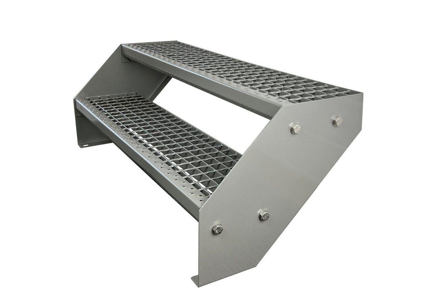 Kaminbau Mierzwa Außentreppe Premium Treppe Komplett Silber Höhe Verstellbar, für Geschosshöhen bis 38 cm, Stufen Gitterroststufen nach DIN 24531, (Höhe 38 cm, Breite wählbar aus 60, 80, 100, 120, 140 cm), Gartentreppe Stahltreppe Wetterfest Rostfrei Feuer-Verzinkt Rutschfest von Kaminbau Mierzwa