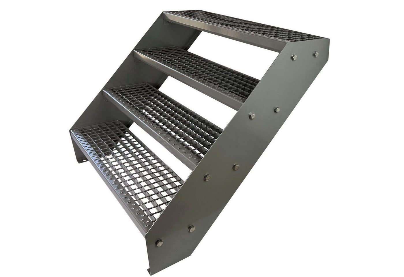 Kaminbau Mierzwa Außentreppe Premium Treppe Komplett Silber Höhe Verstellbar, für Geschosshöhen bis 76 cm, Stufen Gitterroststufen nach DIN 24531, (Höhe 76 cm, Breite wählbar aus 60, 80, 100, 120, 140 cm), Gartentreppe Stahltreppe Wetterfest Rostfrei Feuer-Verzinkt Rutschfest von Kaminbau Mierzwa