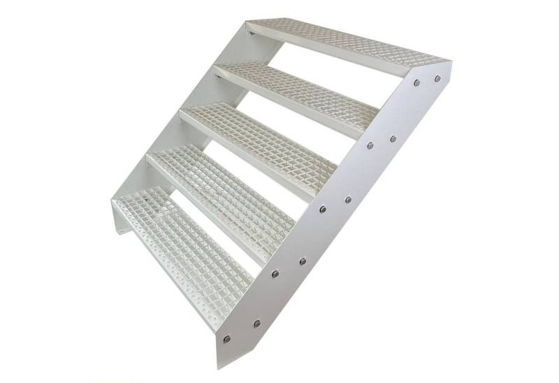 Kaminbau Mierzwa Außentreppe Premium Treppe Komplett Weiß Höhe Verstellbar, für Geschosshöhen bis 95 cm, Stufen Gitterroststufen nach DIN 24531, (Höhe 95 cm, Breite wählbar aus 60, 80, 100, 120, 140 cm), Gartentreppe Stahltreppe Wetterfest Rostfrei Feuer-Verzinkt Rutschfest von Kaminbau Mierzwa