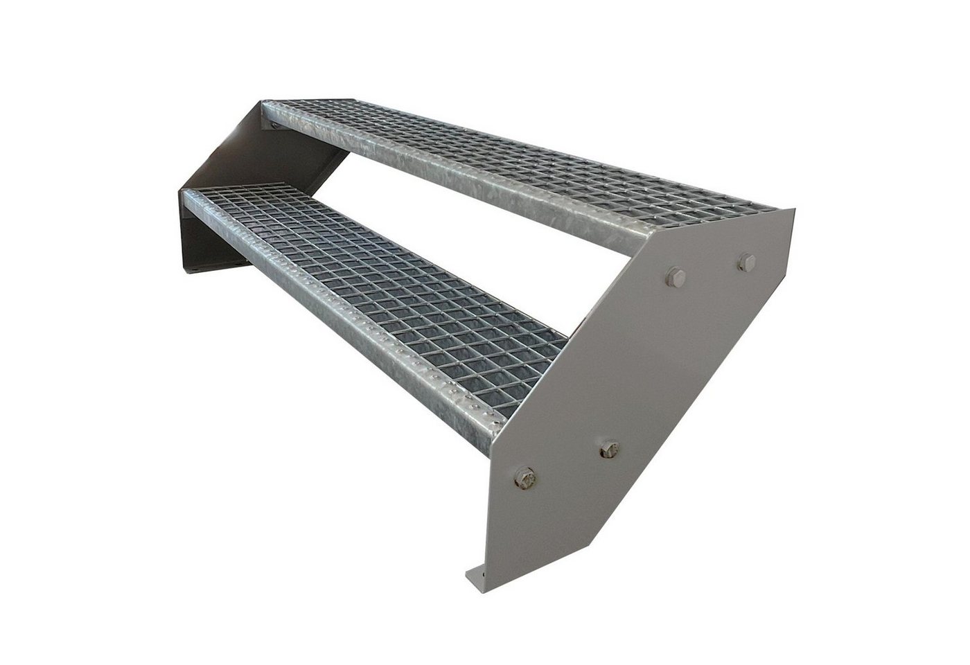 Kaminbau Mierzwa Außentreppe Premium Treppe Silber Höhe Verstellbar, für Geschosshöhen bis 38 cm, Stufen Gitterroststufen nach DIN 24531, (Höhe 38 cm, Breite wählbar aus 60, 80, 100, 120, 140 cm), Gartentreppe Stahltreppe Wetterfest Rostfrei Feuer-Verzinkt Rutschfest von Kaminbau Mierzwa