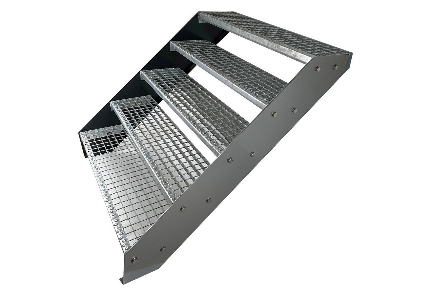 Kaminbau Mierzwa Außentreppe Premium Treppe Silber Höhe Verstellbar, für Geschosshöhen bis 95 cm, Stufen Gitterroststufen nach DIN 24531, (Höhe 95 cm, Breite wählbar aus 60, 80, 100, 120, 140 cm), Gartentreppe Stahltreppe Wetterfest Rostfrei Feuer-Verzinkt Rutschfest von Kaminbau Mierzwa