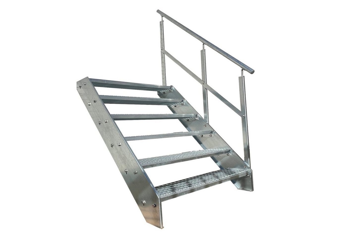 Kaminbau Mierzwa Außentreppe Premium Treppe Verzinkt mit und ohne Geländer, für Geschosshöhen bis 114.00 cm, Stufen Gitterroststufen nach DIN 24531, (Höhe 114 cm, Stufenbreite und Geländerart wählbar), Gartentreppe Stahltreppe Wetterfest Rostfrei Feuer-Verzinkt Rutschfest von Kaminbau Mierzwa