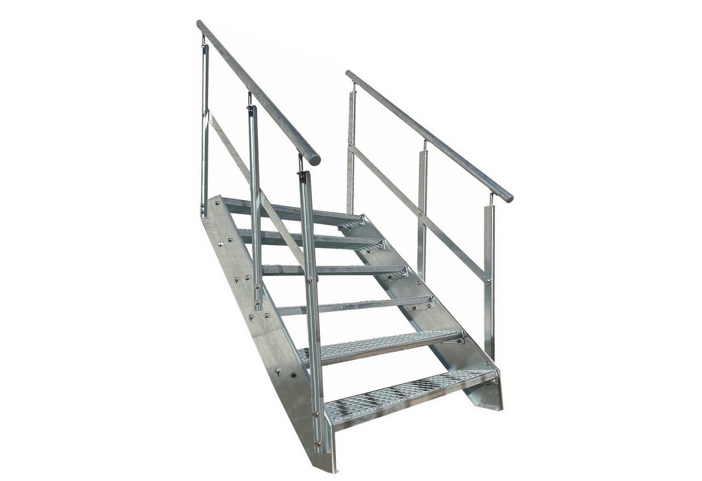 Kaminbau Mierzwa Außentreppe Premium Treppe Verzinkt mit und ohne Geländer, für Geschosshöhen bis 114.00 cm, Stufen Gitterroststufen nach DIN 24531, (Höhe 114 cm, Stufenbreite und Geländerart wählbar), Gartentreppe Stahltreppe Wetterfest Rostfrei Feuer-Verzinkt Rutschfest von Kaminbau Mierzwa