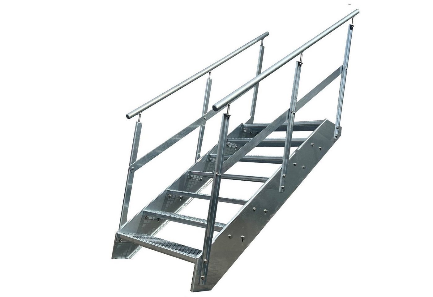 Kaminbau Mierzwa Außentreppe Premium Treppe Verzinkt mit und ohne Geländer, für Geschosshöhen bis 133.00 cm, Stufen Gitterroststufen nach DIN 24531, (Höhe 133 cm, Stufenbreite und Geländerart wählbar), Gartentreppe Stahltreppe Wetterfest Rostfrei Feuer-Verzinkt Rutschfest von Kaminbau Mierzwa