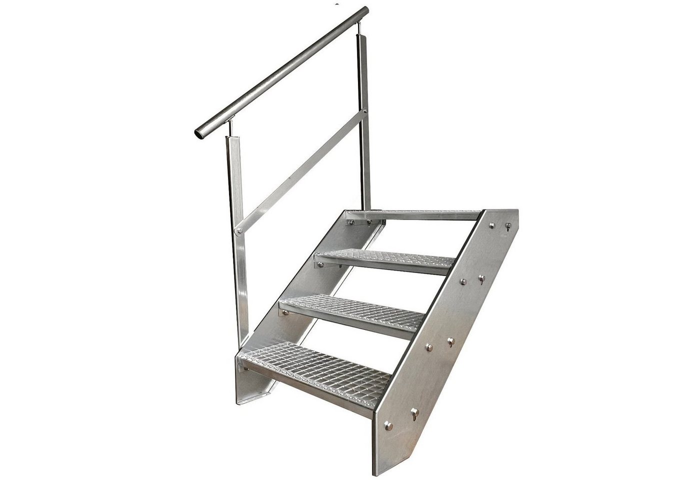 Kaminbau Mierzwa Außentreppe Premium Treppe Verzinkt mit und ohne Geländer, für Geschosshöhen bis 76.00 cm, Stufen Gitterroststufen nach DIN 24531, (Höhe 76 cm, Stufenbreite und Geländerart wählbar), Gartentreppe Stahltreppe Wetterfest Rostfrei Feuer-Verzinkt Rutschfest von Kaminbau Mierzwa