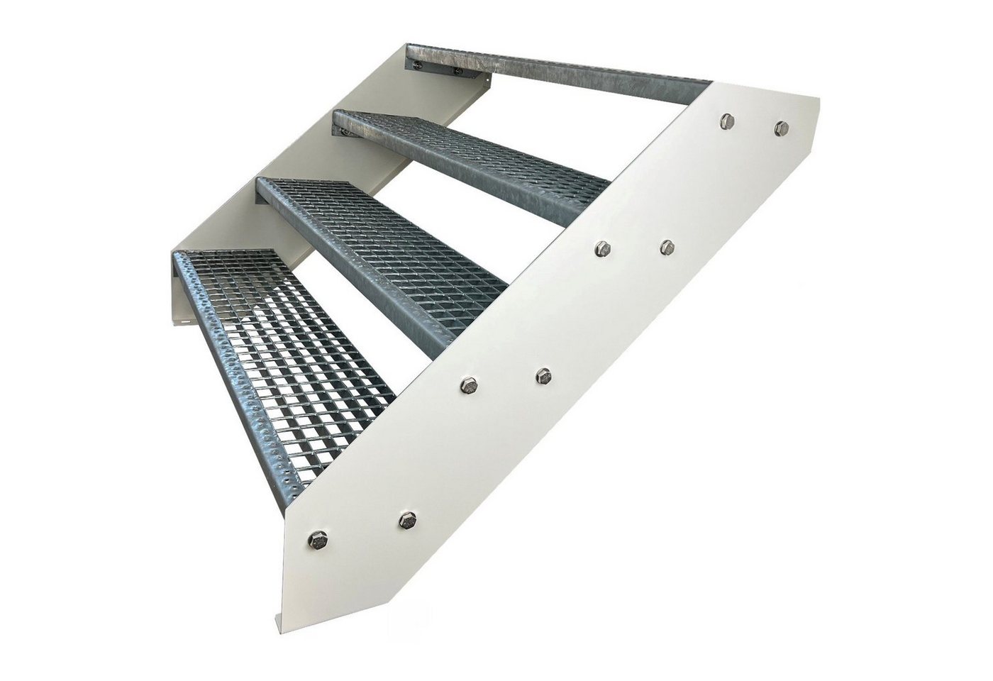 Kaminbau Mierzwa Außentreppe Premium Treppe Weiß Höhe Verstellbar, für Geschosshöhen bis 76 cm, Stufen Gitterroststufen nach DIN 24531, (Höhe 76 cm, Breite wählbar aus 60, 80, 100, 120, 140 cm), Gartentreppe Stahltreppe Wetterfest Rostfrei Feuer-Verzinkt Rutschfest von Kaminbau Mierzwa