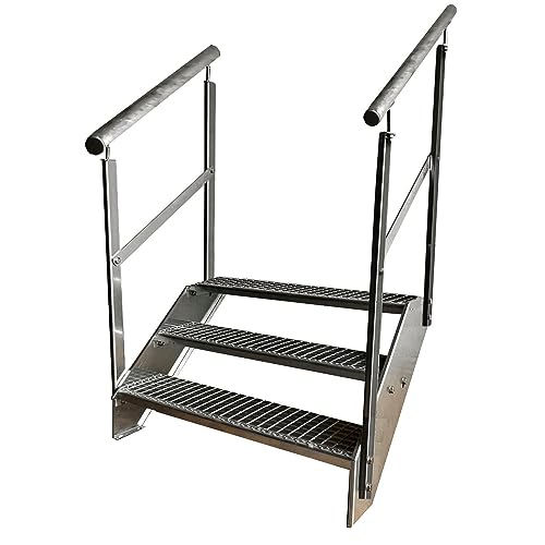 Kaminbau Mierzwa Premium Stahl Treppe Beidseitiges Geländer Verzinkt 3 Stufen (Breite 1000 mm) (Höhe 57 cm) Wetterfest Gitterroststufe Gartentreppe von Kaminbau Mierzwa