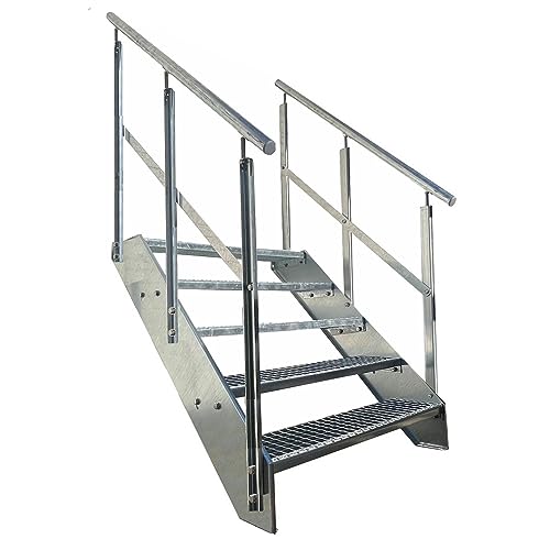 Kaminbau Mierzwa Premium Stahl Treppe Beidseitiges Geländer Verzinkt 5 Stufen (Breite 1000 mm) (Höhe 95 cm) Wetterfest Gitterroststufe Gartentreppe von Kaminbau Mierzwa