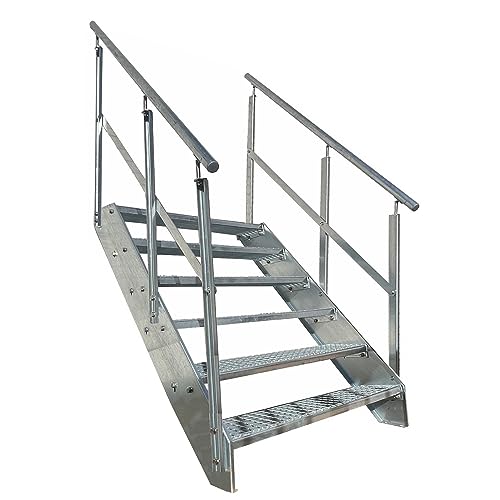 Kaminbau Mierzwa Premium Stahl Treppe Beidseitiges Geländer Verzinkt 6 Stufen (Breite 1200 mm) (Höhe 114 cm) Wetterfest Gitterroststufe Gartentreppe von Kaminbau Mierzwa